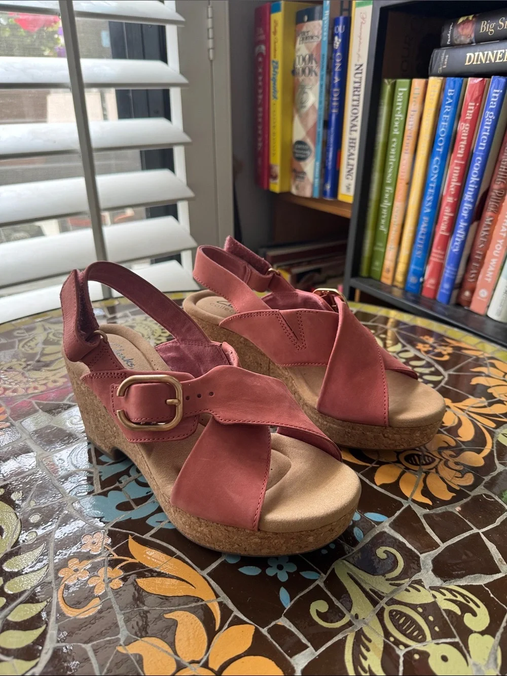 Clarks Women’s Coral Pink Cross-Strap Wedge Sandals